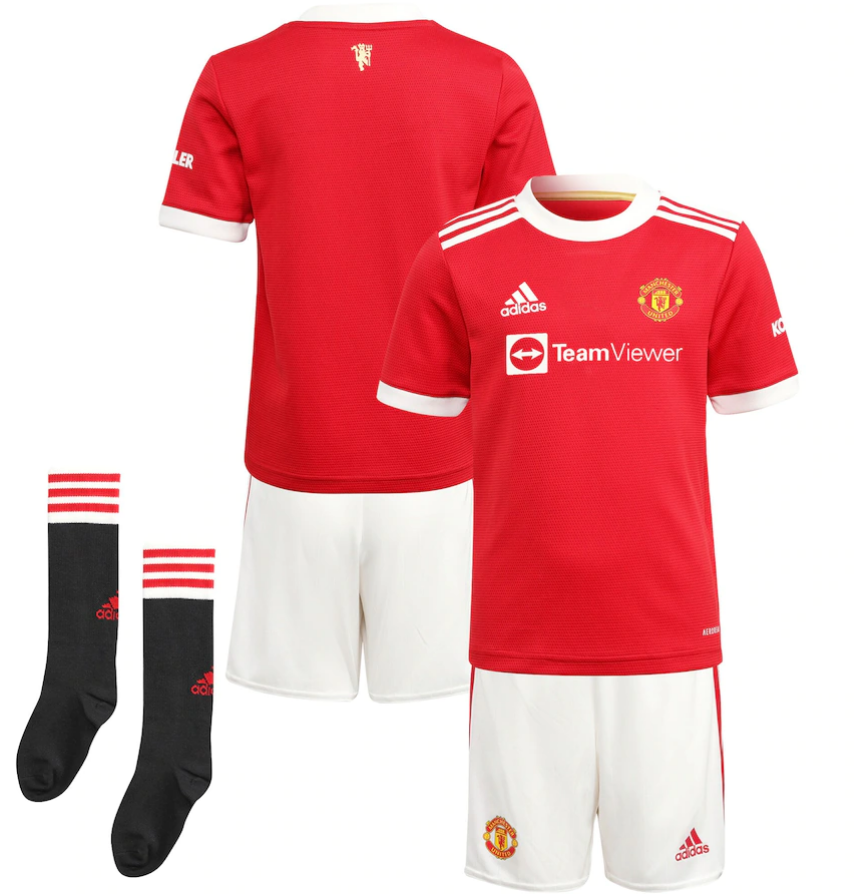 2021/22 Manchester United Kids Home Soccer Full Kits Shirt & Shorts & Socks